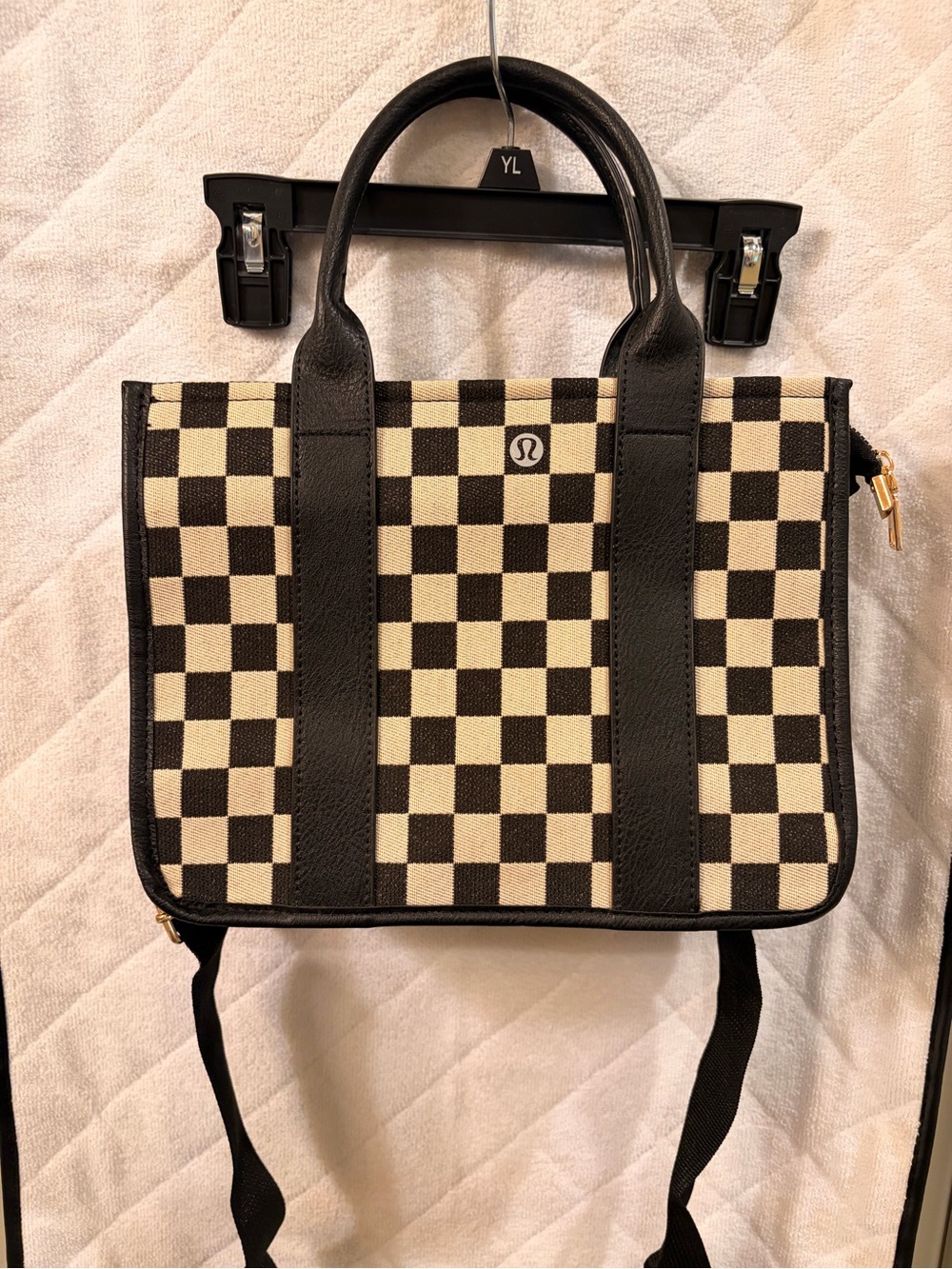 lululemon athletica Black and Cream Checkered Canvas Shoulder Bag